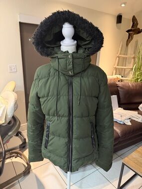 Old Navy Olive Green Puffer Jacket with Faux Fur Hood